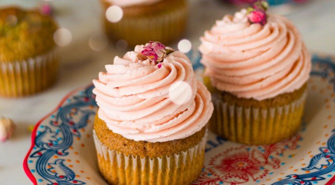 PISTACHIO CUPCAKES WITH ROSE BUTTERCREAM FROSTING